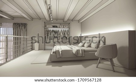 3d rendering. Interior house modern open living space with kitchen.Loft style Duplex apartment residence.Home decoration luxury  interior design.
