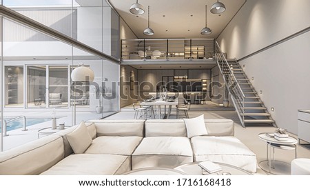 3d rendering. Interior house modern open living space with kitchen.Loft style Duplex  residence .Home decoration luxury  interior-exterior design.Outdoor terrace with swimming pool.