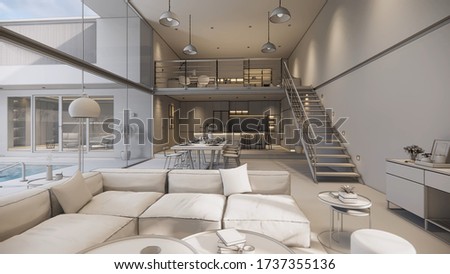 3d rendering. Interior house modern open living space with kitchen.Loft style Duplex apartment residence.Home decoration luxury  interior design.