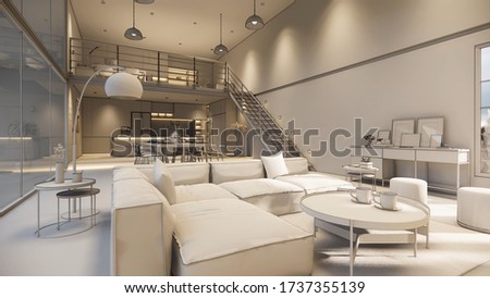 3d rendering. Interior house modern open living space with kitchen.Loft style Duplex apartment residence.Home decoration luxury  interior design.