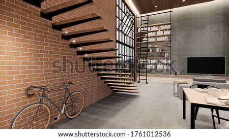 3d rendering. Interior house modern open living space with kitchen.Loft style Duplex apartment residence.Home decoration luxury  interior design.