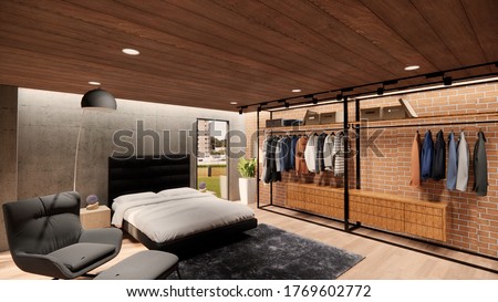 3d rendering. Interior house modern open living space with kitchen.Loft style Duplex apartment residence.Home decoration luxury  interior design.