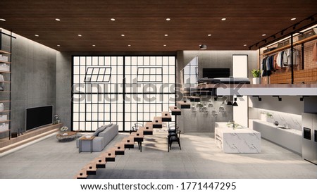 3d rendering. Interior house modern open living space with kitchen.Loft style Duplex apartment residence.Home decoration luxury  interior design.