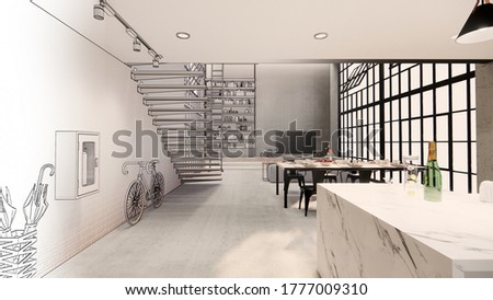 3d rendering. Interior house modern open living space with kitchen.Loft style Duplex apartment residence.Home decoration   interior design.drawing line sketch to realistic.