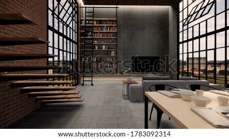 3d rendering. Interior house modern open living space with kitchen.Loft style Duplex apartment residence.Home decoration luxury  interior design.