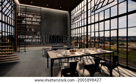3d rendering. Interior house modern open living space with kitchen.Loft style Duplex apartment residence.Home decoration luxury  interior design.
