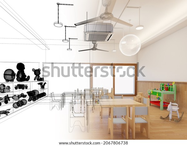 3d rendering of\
interior kindergarten\
class