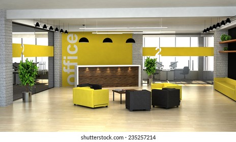 3d Rendering An Interior Of The Modern Office. Hall With Reception Desk.