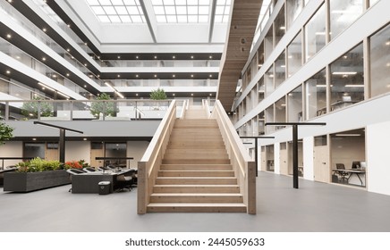 3d rendering interior of a modern office building with stairway