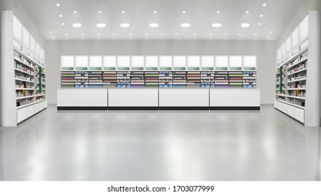 3D Rendering Interior Of Pharmacy Store. Illustration And Mockup. Drugs, Pills, Skincare And Cosmetic Products On Shelf. Suitable For Presenting New Products And New Designs Or Labels. 