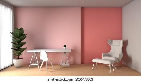 3d Rendering Interior Of Pink Cozy Living Room With White Sofa On The Right Corner. Remote Working And Work From Home As An Office Is A New Business Trend. Pink Home Office Is A Safe Place To Work.