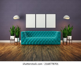 3D rendering of interior scene for textured wall and tiffany sofa on natural wooden color for  floor parquet.