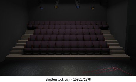 3D Rendering Of Interior Theater Audience Seats In An Empty Black Box