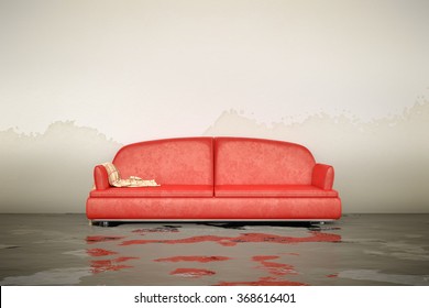 A 3d Rendering Of An Interior Water Damage Red Sofa