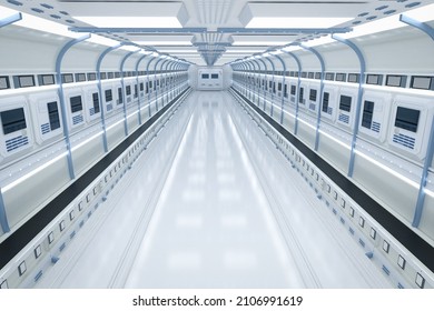 3d Rendering Interior White And Clean Empty Futuristic Factory With Conveyor Belt