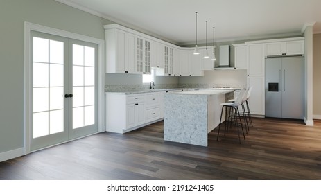 3d rendering of an interior with a white kitchen. The interior is in pastel light colors. New house. 3D Illustration