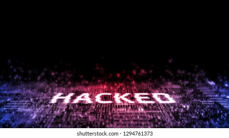 3D Rendering of Internet cyber attack. Hacked text with glitch effect on stream of binary data background. For Internet security, crypto currency, exchange, corporate customer information protection.