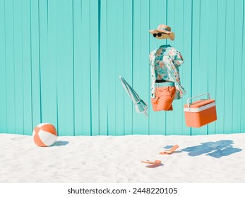 3D rendering of an invisible character dressed in summer beachwear, with a beach ball, flip-flops, and a cooler beside a wooden turquoise backdrop. Summer vacation concept.