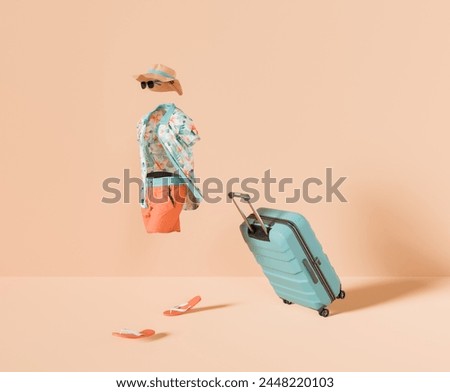 3D rendering of an invisible person styled in summer attire with a suitcase against a pastel-colored studio background. Travel concept.