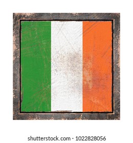 3d rendering of an Ireland flag over a rusty metallic plate wit a rusty frame. Isolated on white background.