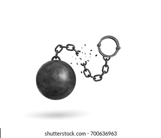 3d Rendering Of An Isolated Ball And Chain Broken In Half With A Detached Shackle. Getting Out. Prison Break. Fight Restrictions.