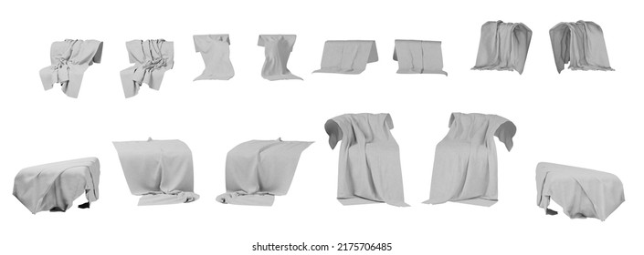 3D rendering of isolated blanket across sofa in several views. Isolated blankets in grey color on white background. Fabric texture. Cloth textile. Bedding object.