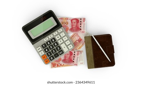 3D rendering of an isolated composition of 100 Chinese Yuan notes, a calculator, a note book and a pen