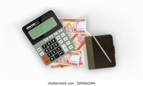 3D rendering of an isolated composition of 1000 Afghan afghani notes, a calculator, a note book and a pen. top view