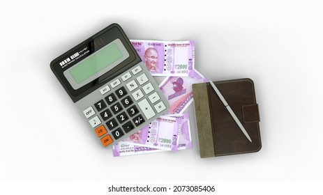 3D rendering of an isolated composition of 2000 Indian rupee notes, a calculator, a note book and a pen
