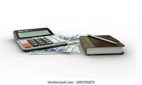 3D rendering of an isolated composition of 2000 Algerian Dinar notes, a calculator, a note book and a pen. front view