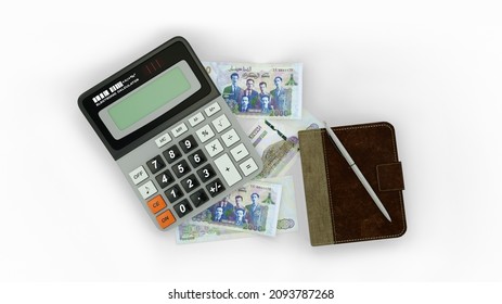 3D rendering of an isolated composition of 2000 Algerian Dinar notes, a calculator, a note book and a pen. top view