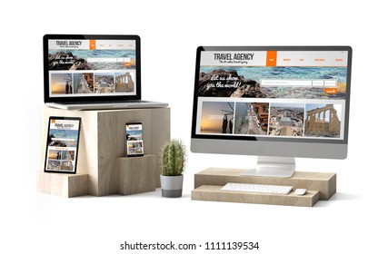 3d rendering of isolated devices over wooden cubes showing travel agency responsive website