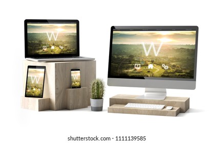 3d rendering of isolated devices over wooden cubes showing template for responsive website