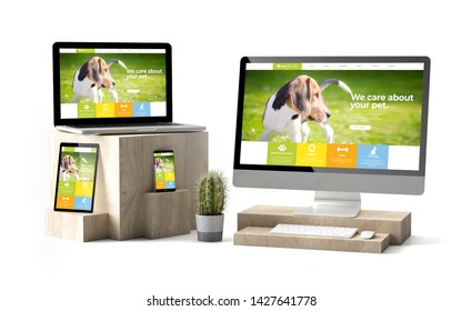 3d rendering of isolated devices over wooden cubes showing pet responsive website