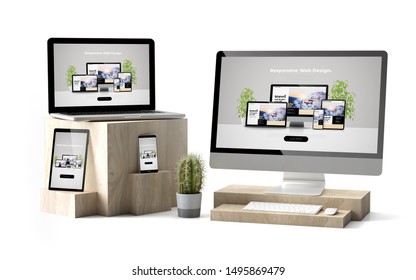 3d rendering of isolated devices over wooden cubes showing responsive website