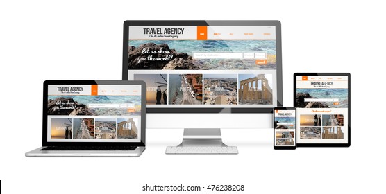 3d Rendering Of Isolated Devices With Travel Agency Responsive Website Design. All Screen Graphics Are Made Up.