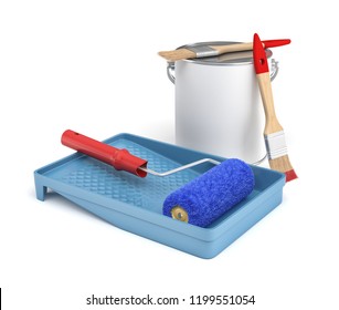 3d Rendering Of Isolated Home Improvement Tools: A Paint Bucket And A Tray, Brushes And A Roller. Flat Renovation. Repainting Your House. DIY Repairs.