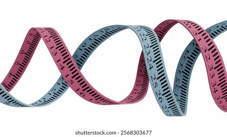 3d rendering of A isolated pink and blue measuring tape are intertwined and curled forming helix shape.