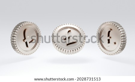 3D Rendering of isolated single silver British money coin pound in many angle on background. 3D Render. 3D illustration.