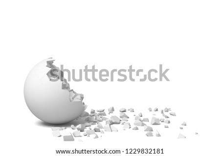 3d rendering of an isolated white round ball getting deteriorated with small pieces. Perfect shape destroyed. Circle and round shape. Stone ball.