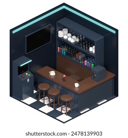 3D rendering of the isometric bar and cafe room design. Object on a white background