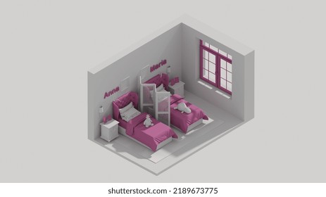 3d Rendering Isometric Child Room Interior Open View, Girls Room Purple