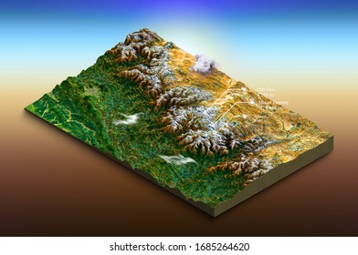 3D Rendering Isometric Digital Map Of Mount Everest Region As Infographic