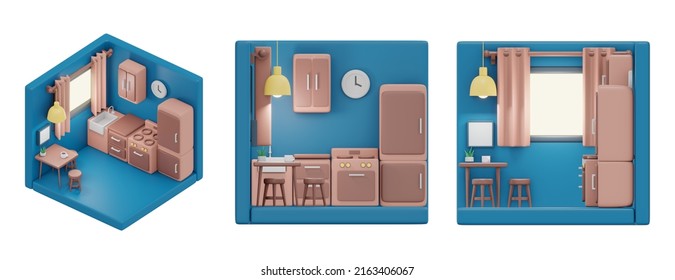 3D Rendering Of Isometric And Elevation Of Cute Minimal Kitchen Room With Furniture Cabinet Sink Fridge Counter Dinning Table And Chair Isolate On White. 3D Render Cartoon.