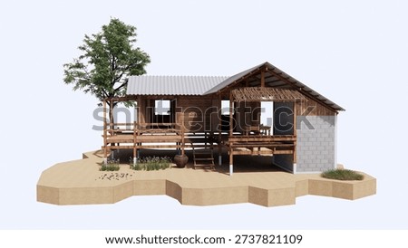 3D rendering isometric view of a traditional rural Thai wooden house on stilts with a corrugated metal roof and a tree, isolated
