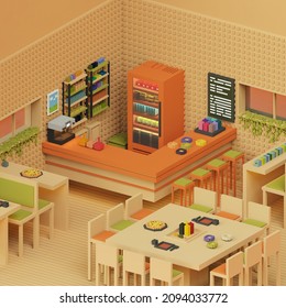 3d rendering isometric voxel restaurant with dining tables and 
foods. pixel style food and drink concept illustration.