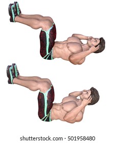 3d rendering of Janda sit-up crunch exercise which target abdominal without sollicitated illio psoas isolated on white