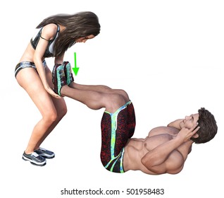 3d rendering of Janda sit-up crunch exercise which target abdominal without sollicitated illio psoas isolated on white