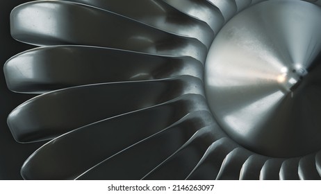 3D Rendering jet engine, close-up view jet engine blades. Closeup shot of jet engine front fan. 3d illustration.