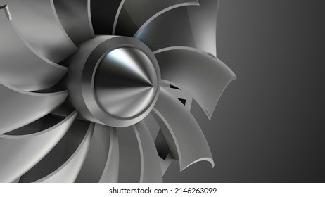 3D Rendering jet engine, close-up view jet engine blades. Closeup shot of spinning jet engine front fan. 3d illustration.
